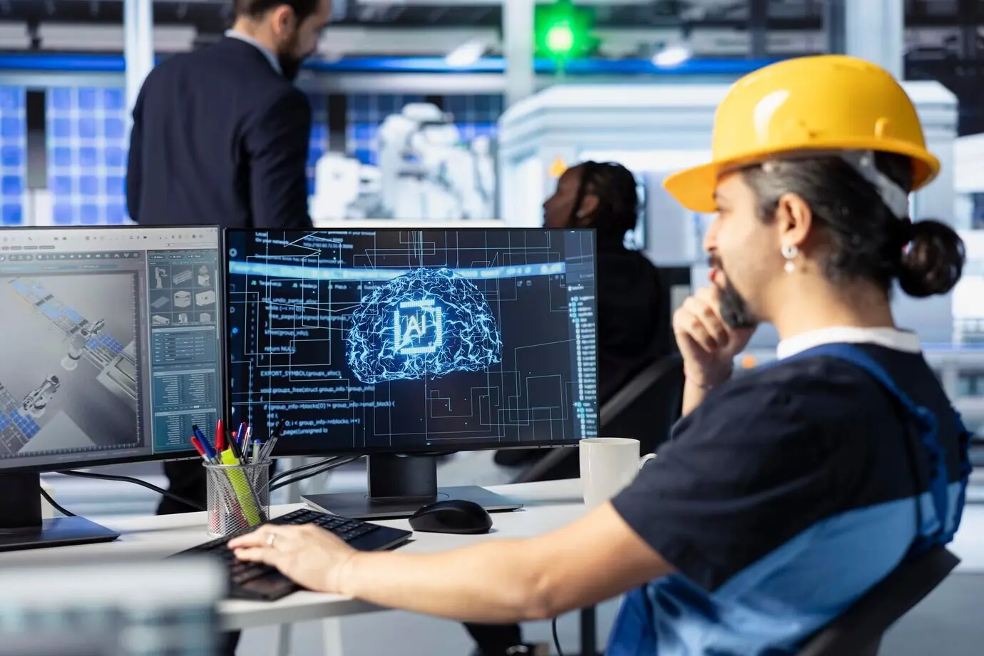An engineer trains AI models at a workstation in a solar panel manufacturing facility.