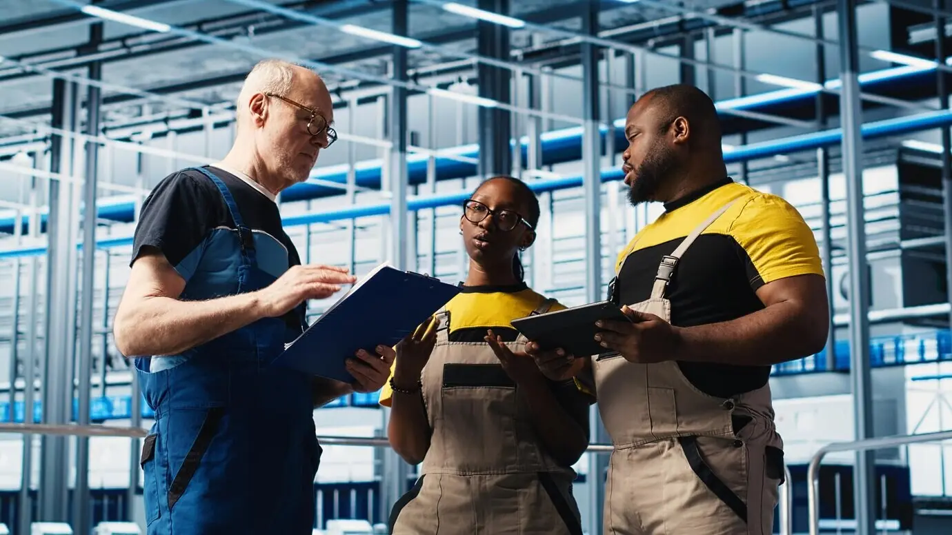 A team leader and workers in a photovoltaic smart factory analyze data.