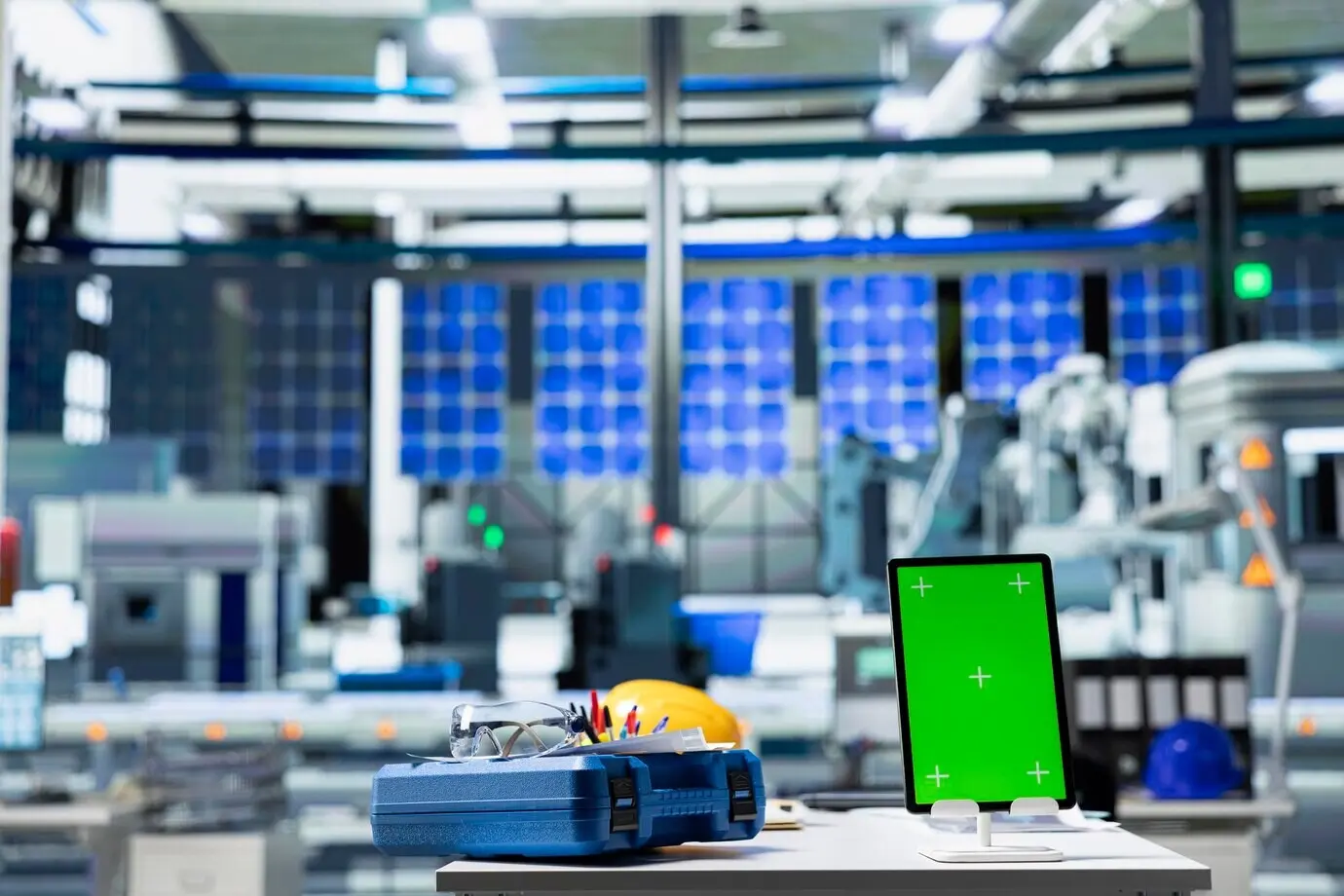A computer displays a green screen used as a chroma key to aid with system parameters in a photovoltaics factory.